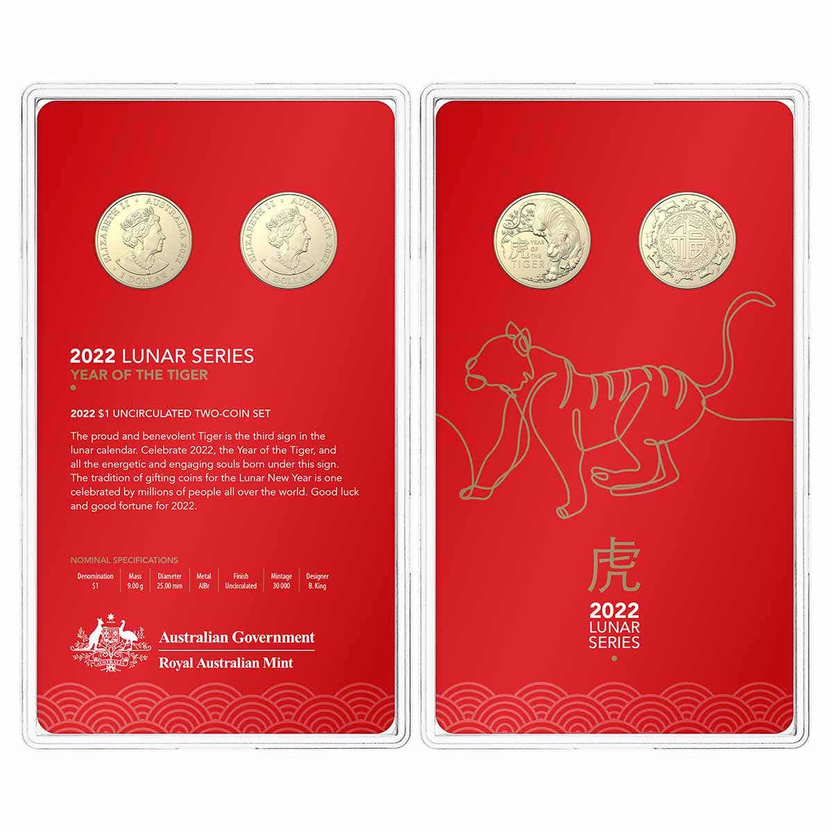 Australia Lunar Year of the Tiger 2022 $1 Aluminium-Bronze Uncirculated 2-Coin Set