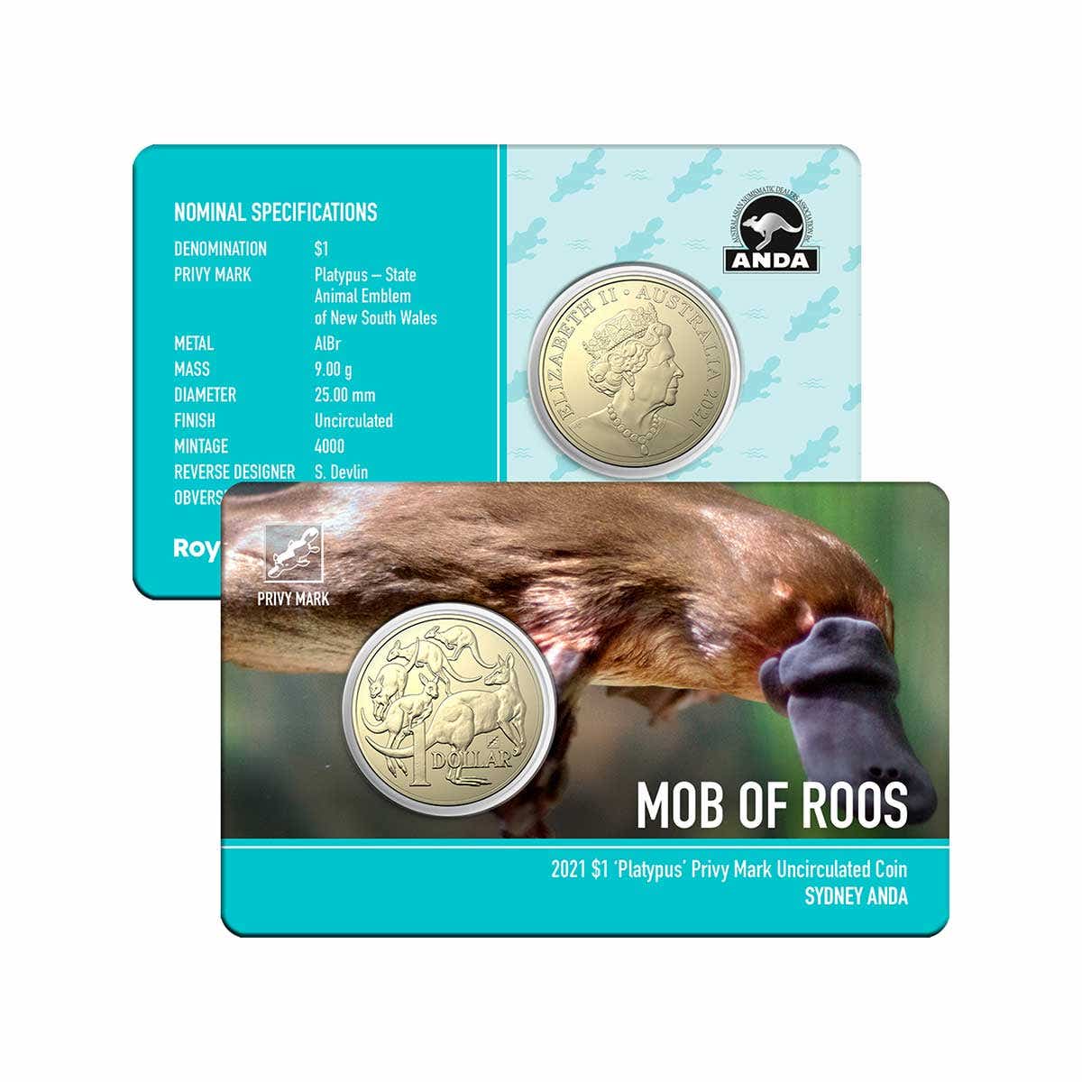 ANDA Sydney Money Expo 2021 $1 Platypus Privymark Aluminium-Bronze Uncirculated Coin