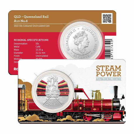 Australia Train Heritage 2022 50c Steam Power Colour Cupro-Nickel Uncirculated Coin