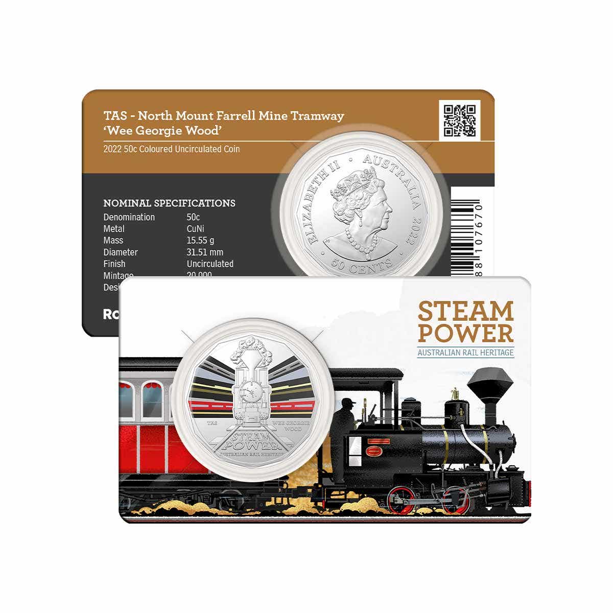 Australian Steam Trains - Tasmania 'Wee Georgie Wood' 2022 50c Coloured Uncirculated Coin