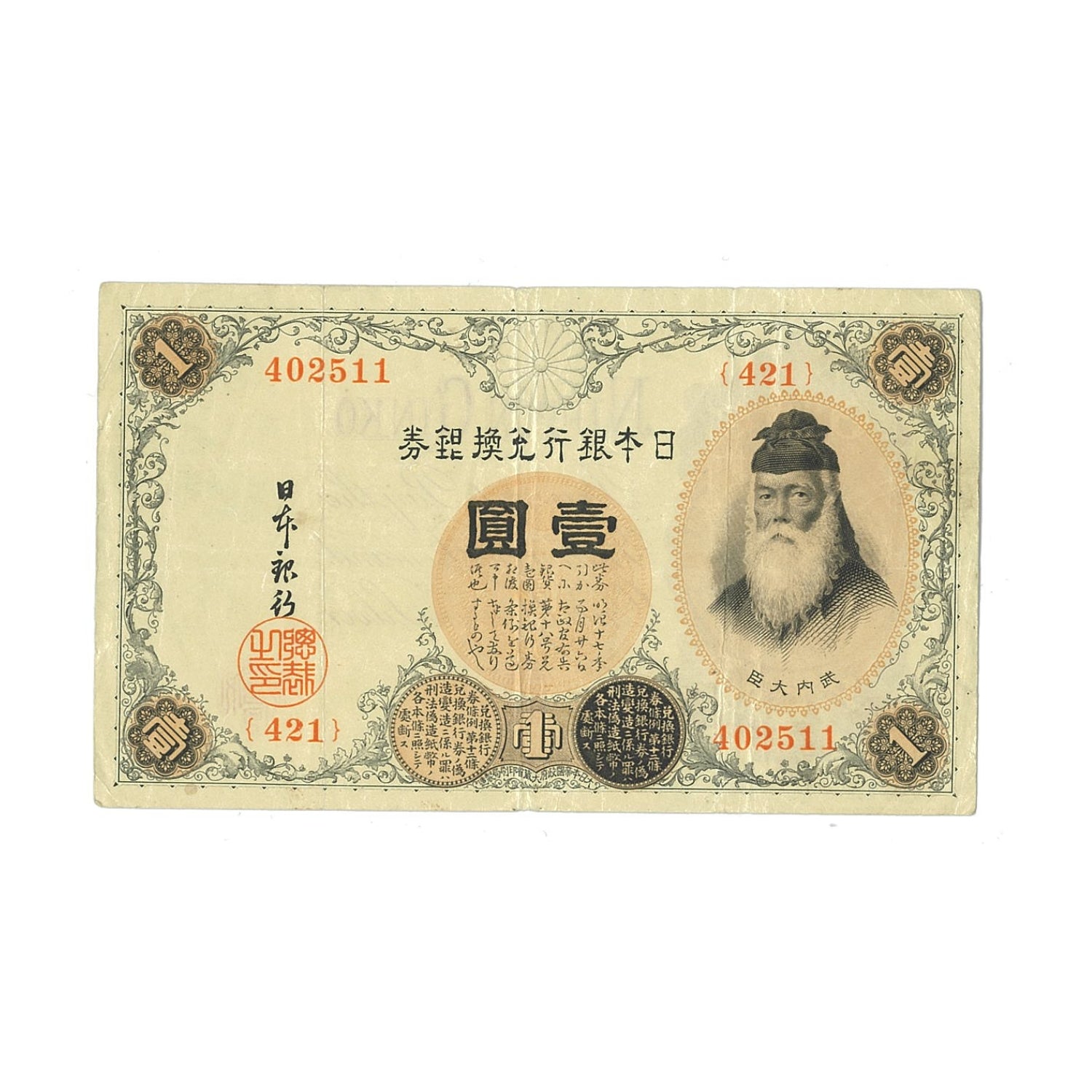 Japan No Date (1916) 1 Yen Silver Certificate Banknote Very Fine