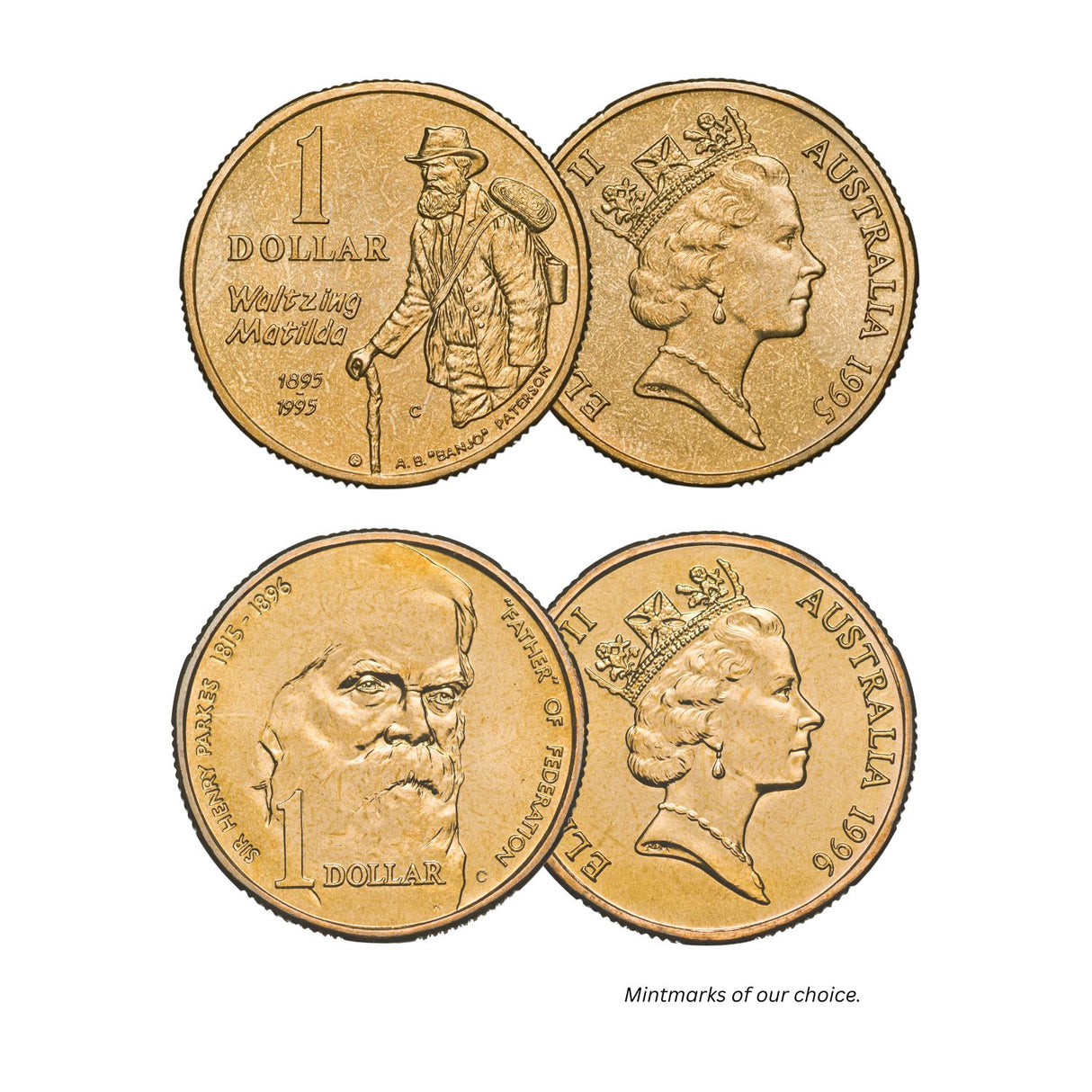 1995 $1 Waltzing Matilda & 1996 $1 Henry Parkes Pair Uncirculated (Mintmarks of our choice)