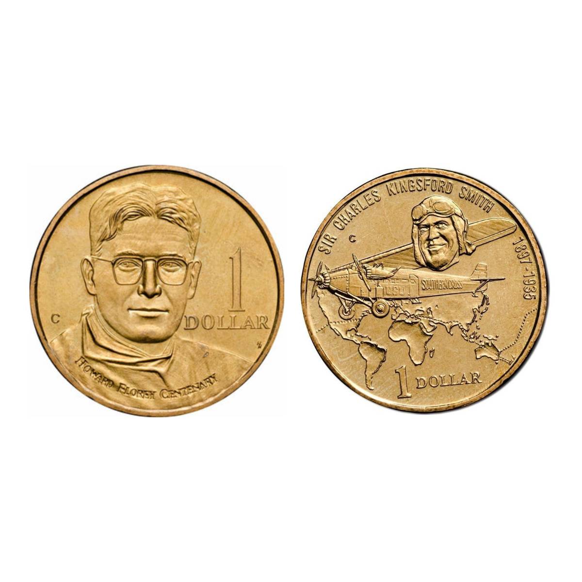 Australia 1997 $1 Kingsford Smith & 1998 $1 Howard Florey Uncirculated Coin Pack