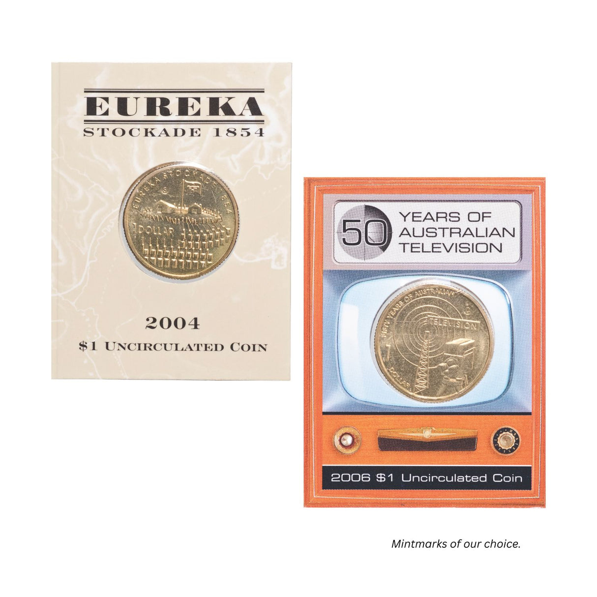 Australia 2004 $1 Eureka Stockade & 2006 $1 TV 50th Anniversary Uncirculated 2-Coin Set (Mintmarks of our choice)