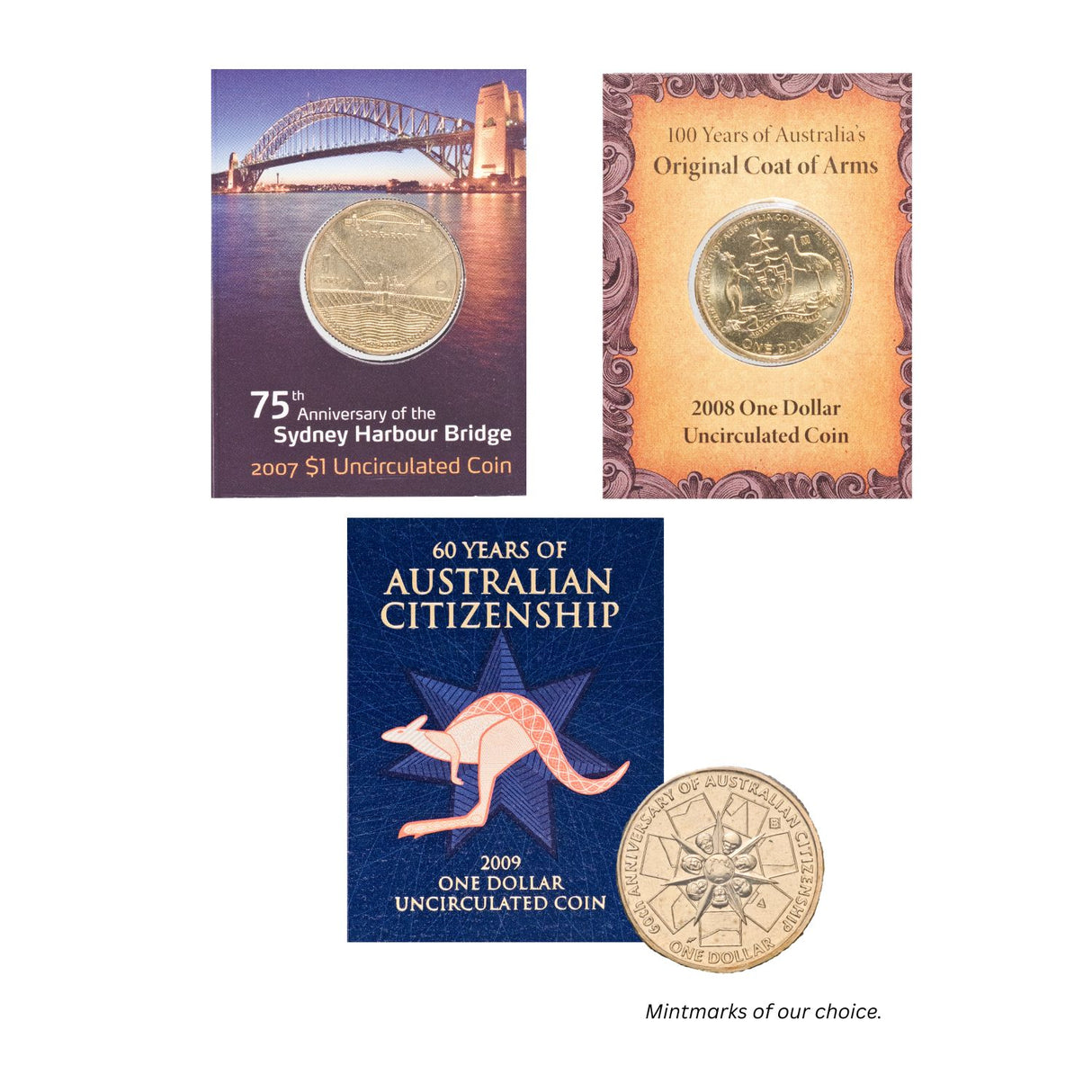 2007 $1 Sydney Bridge & 2008 $1 100 Years of Original Coat of Arms & 2009 $1 Citizenship 3-Coin Set (Mintmarks of our choice)