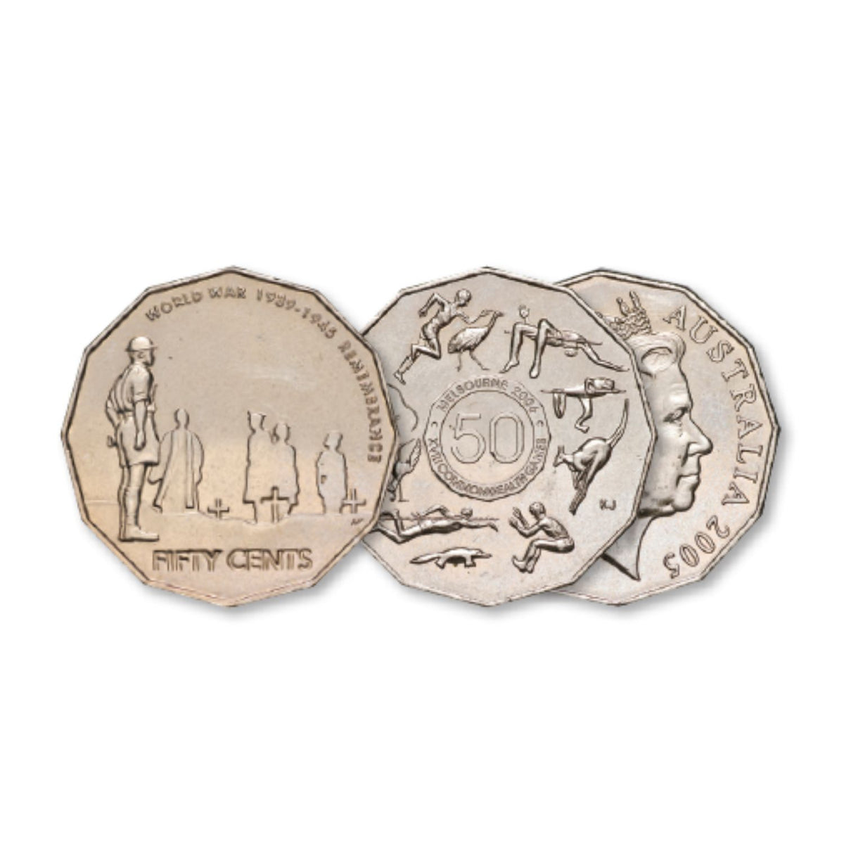 Australia 2005 50c End of WWII 60th Anniversary & Student Design Commonwealth Games Cupro-Nickel Uncirculated Pair