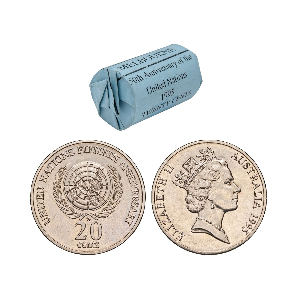 Australia UN 50th Anniversary 1995 20c Cupro-Nickel Uncirculated 20-Coin Reserve Bank Mint Roll