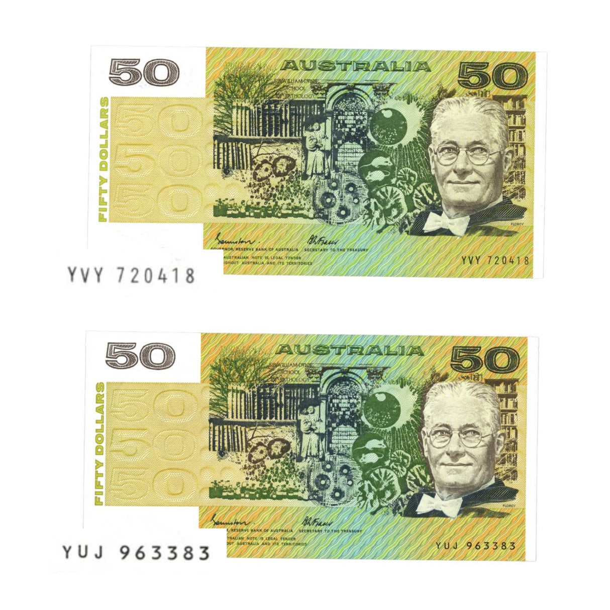 1985 $50 R509a & R509b Johnston/Fraser Gothic & OCR-B serial pair Uncirculated (2 notes)