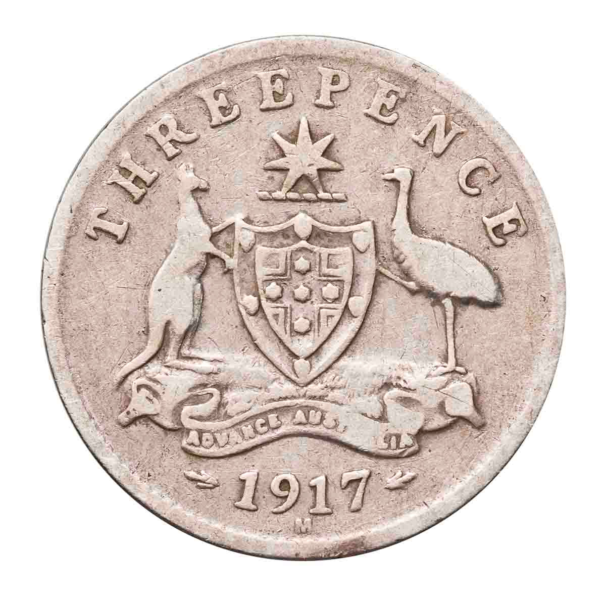 1917 Threepence "Three Legged Emu" Variety with normal Good-VG (2 coins)