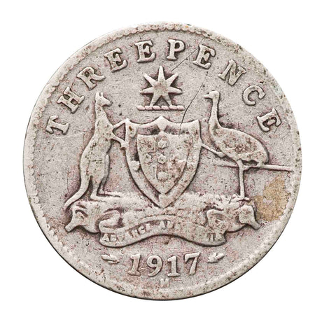 1917 Threepence "Three Legged Emu" Variety with normal Good-VG (2 coins)