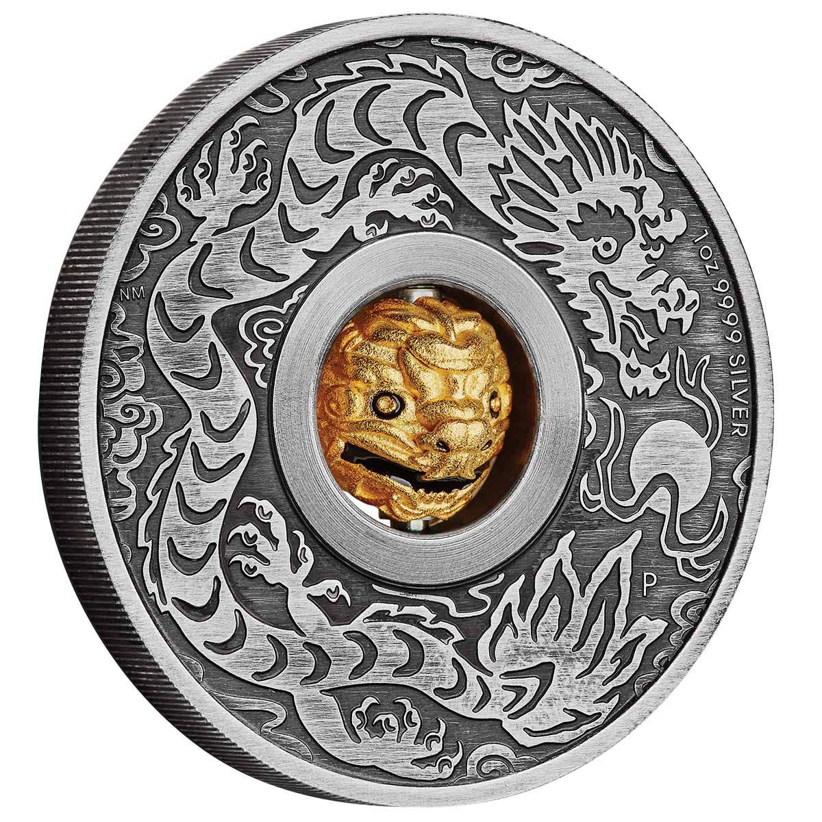 Year of the Dragon 2024 $1 Rotating Charm 1oz Silver Antique Coin