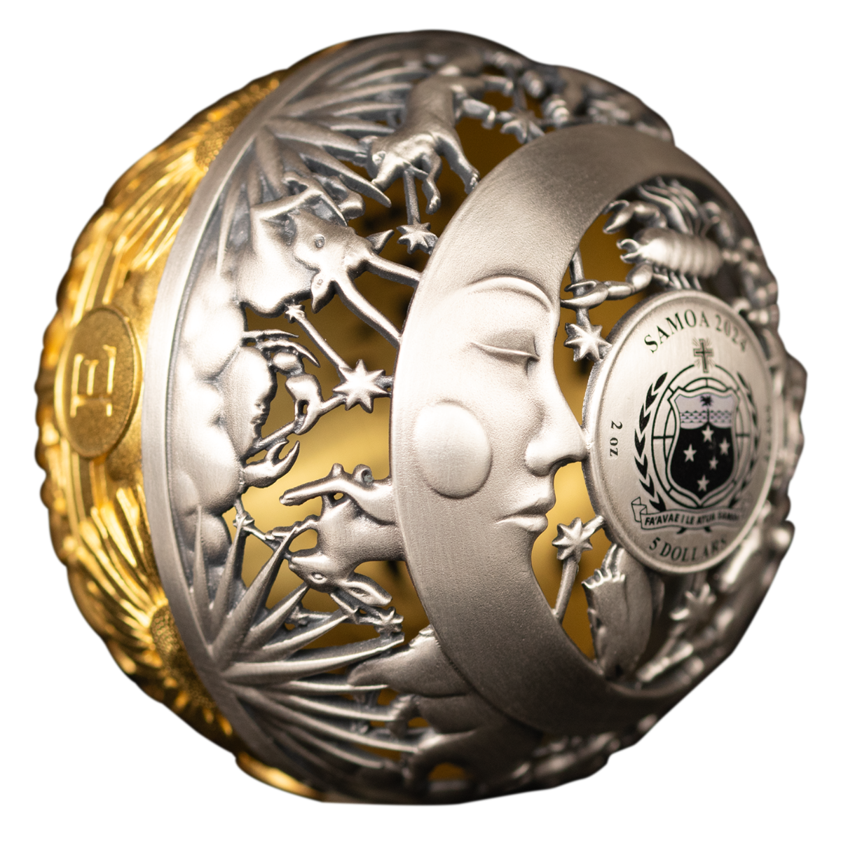 Sun & Moon 2024 $5 Filigree Gold-plated 2oz Silver Antique Spherical Coin