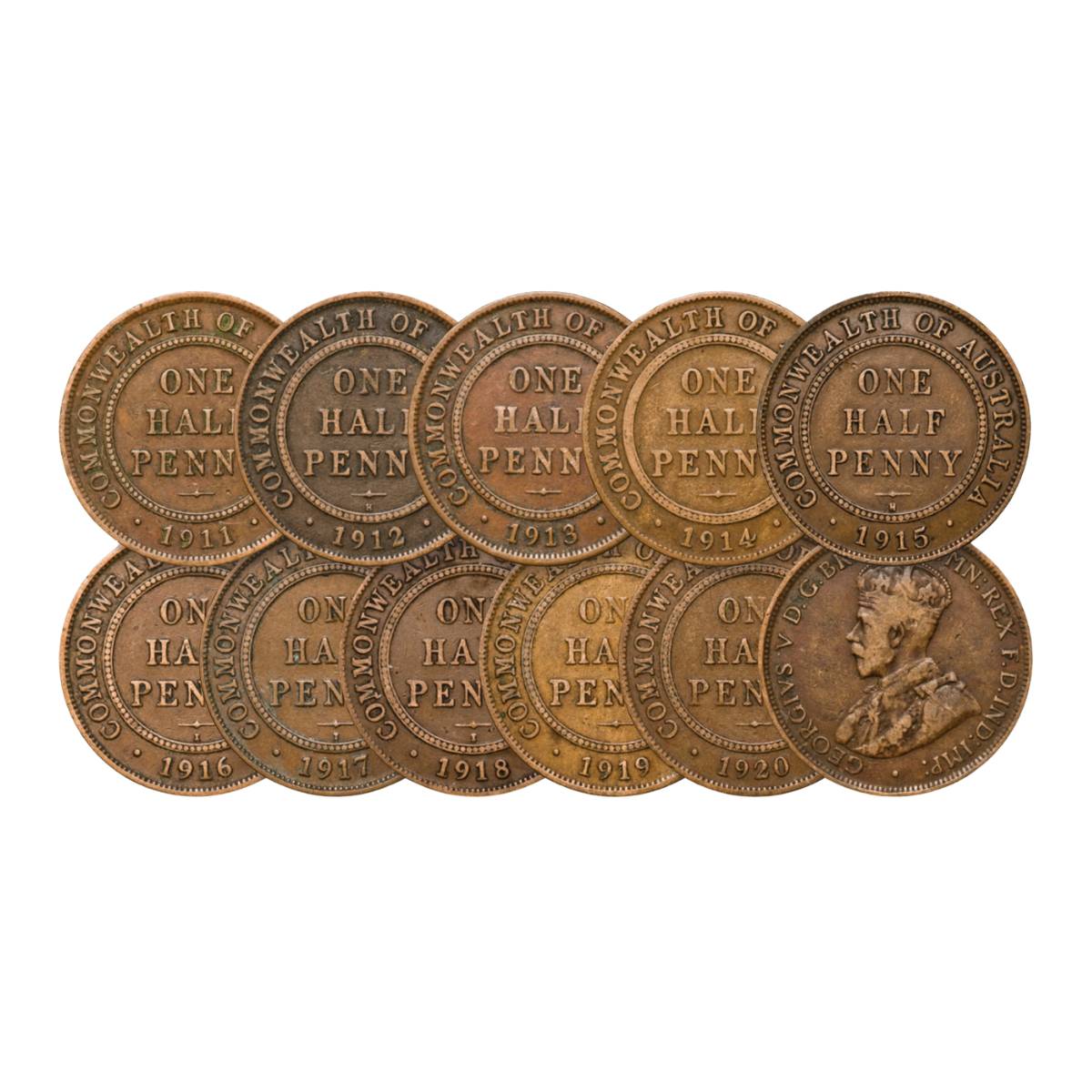 George V 1911-20 Halfpenny 10-Coin Set Good-Very Good
