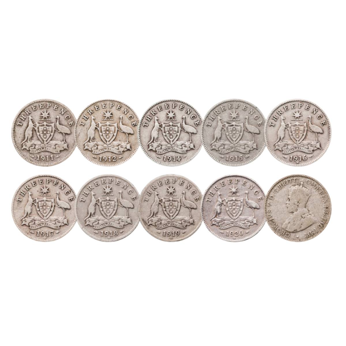 George V 1911-20 Threepence 9-Coin Set Good-Very Good
