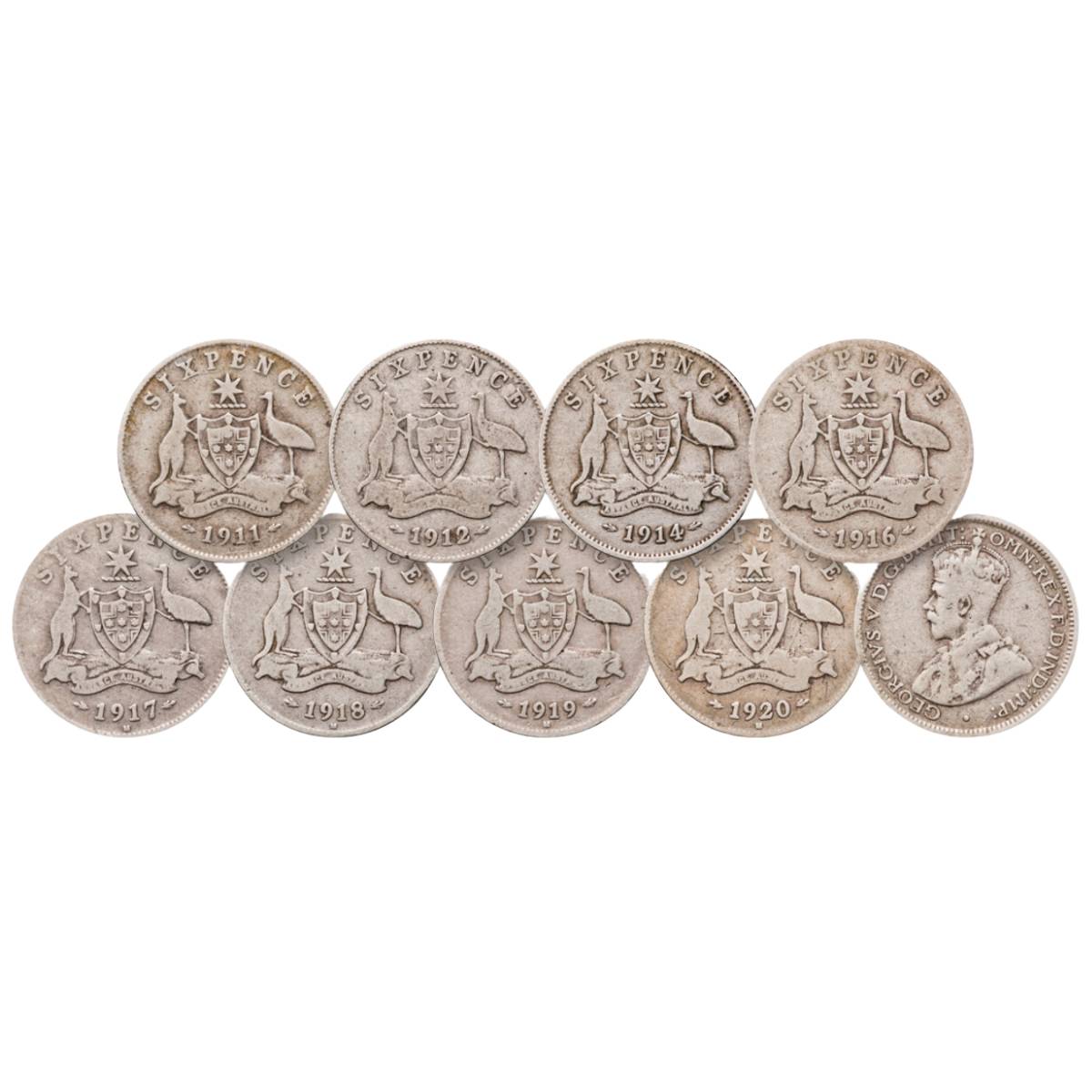 George V 1911-20 Sixpence 8-Coin Set Good-Very Good