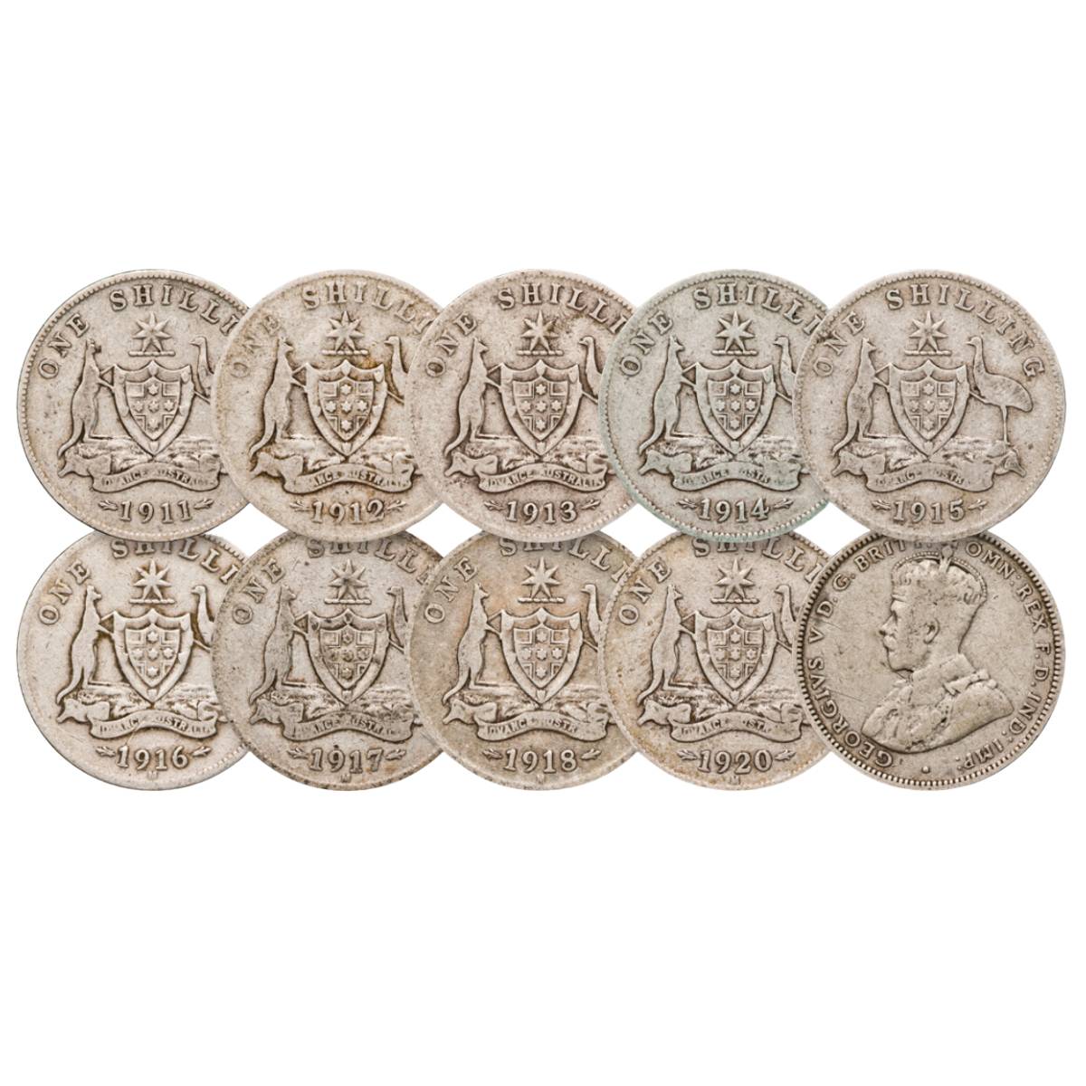 George V 1911-20 Shilling 9-Coin Set Good-Very Good