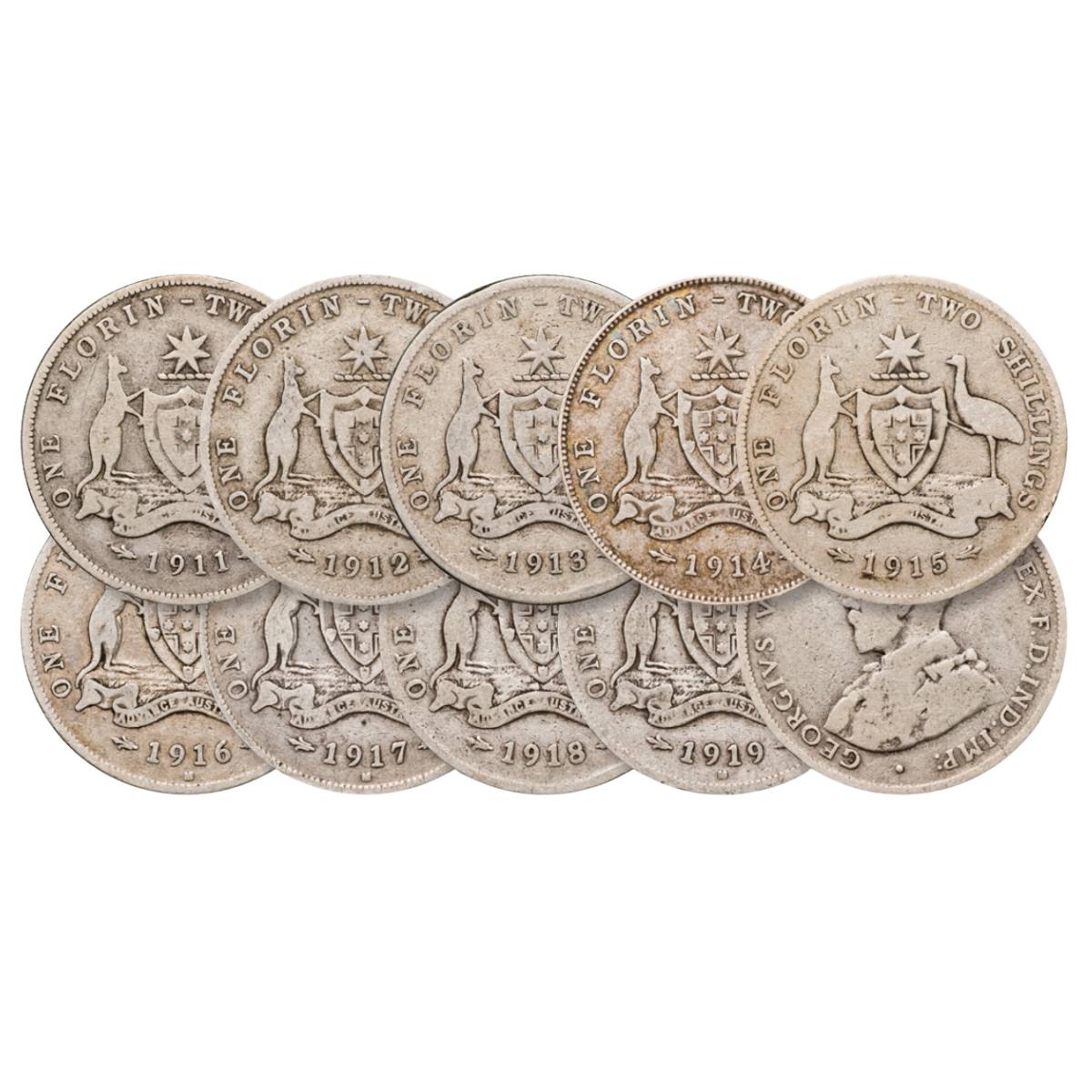George V 1911-19 Florin 9-Coin Set Good-Very Good