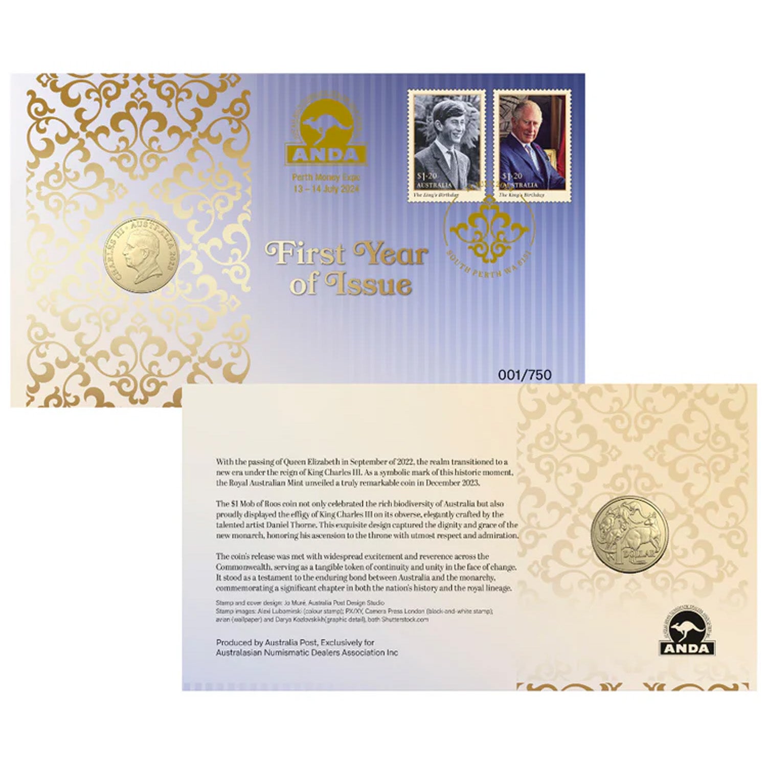 ANDA Perth Money Expo 2024 $1 First Year of Issue KCIII 2023 Stamp and ...