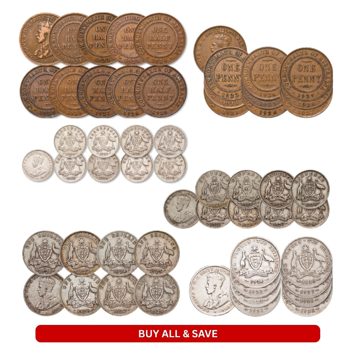 Australia George V 1921-29 Halfpenny-Florin Very Good-Fine 49-Coin Set