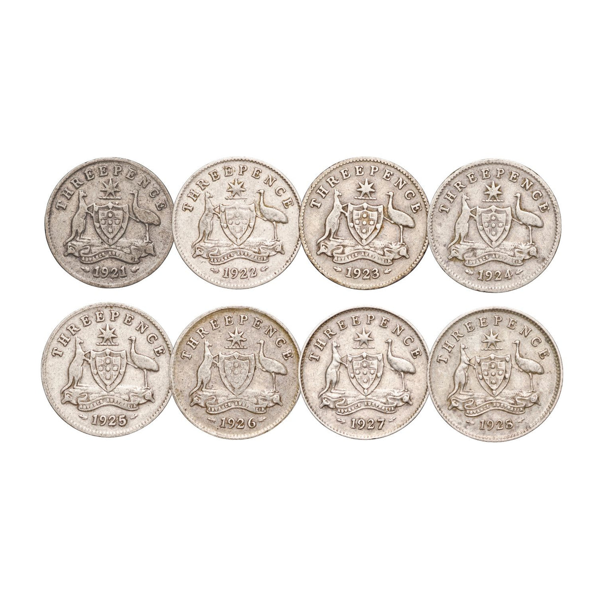 Australia George V 1921-28 Threepence Very Good-Fine 8-Coin Set