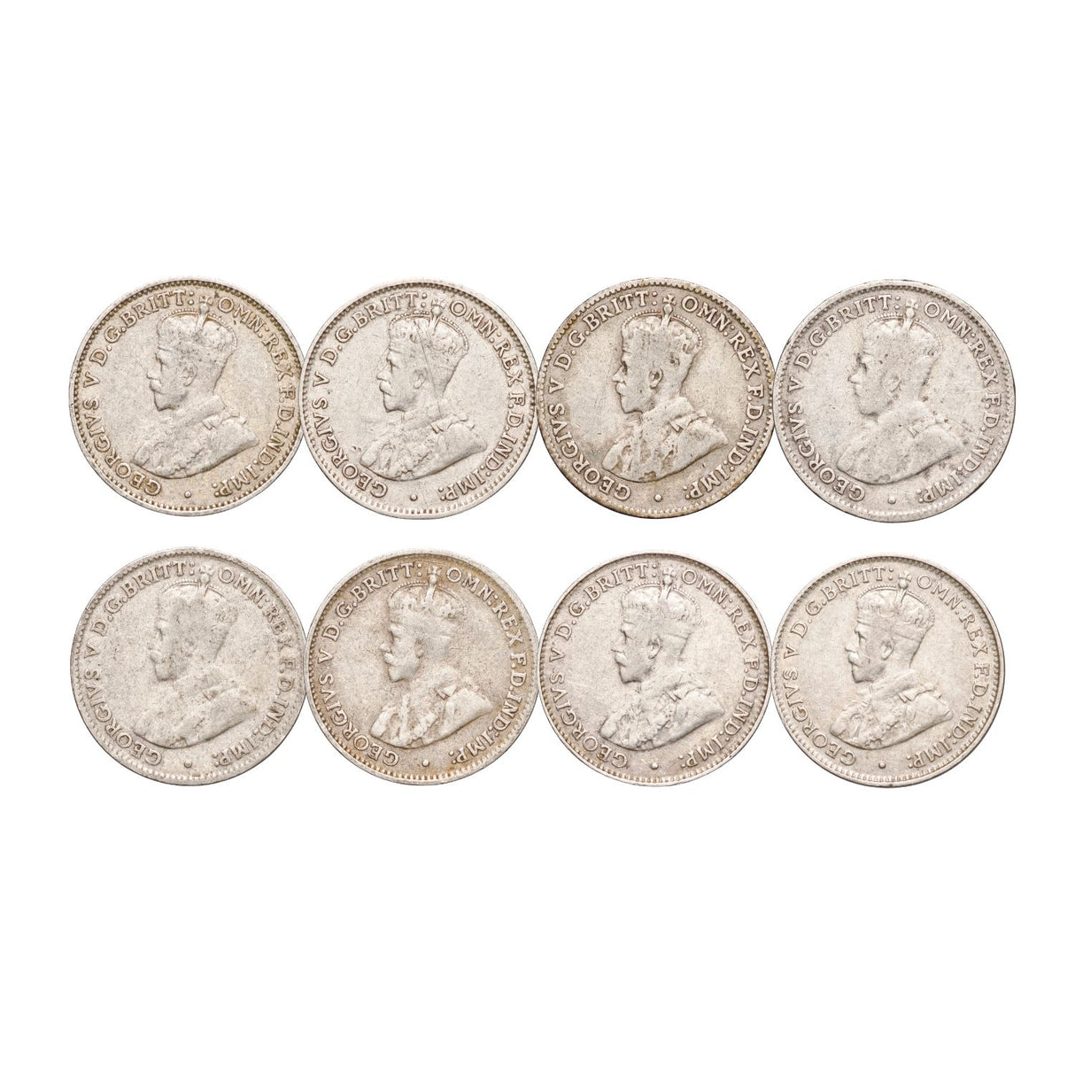 Australia George V 1921-28 Threepence Very Good-Fine 8-Coin Set
