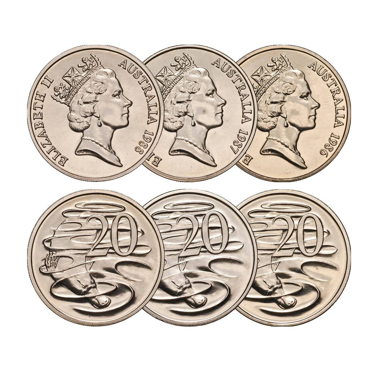Australia 1986, 1987 & 1988 20c Brilliant Uncirculated 3-Coin Set