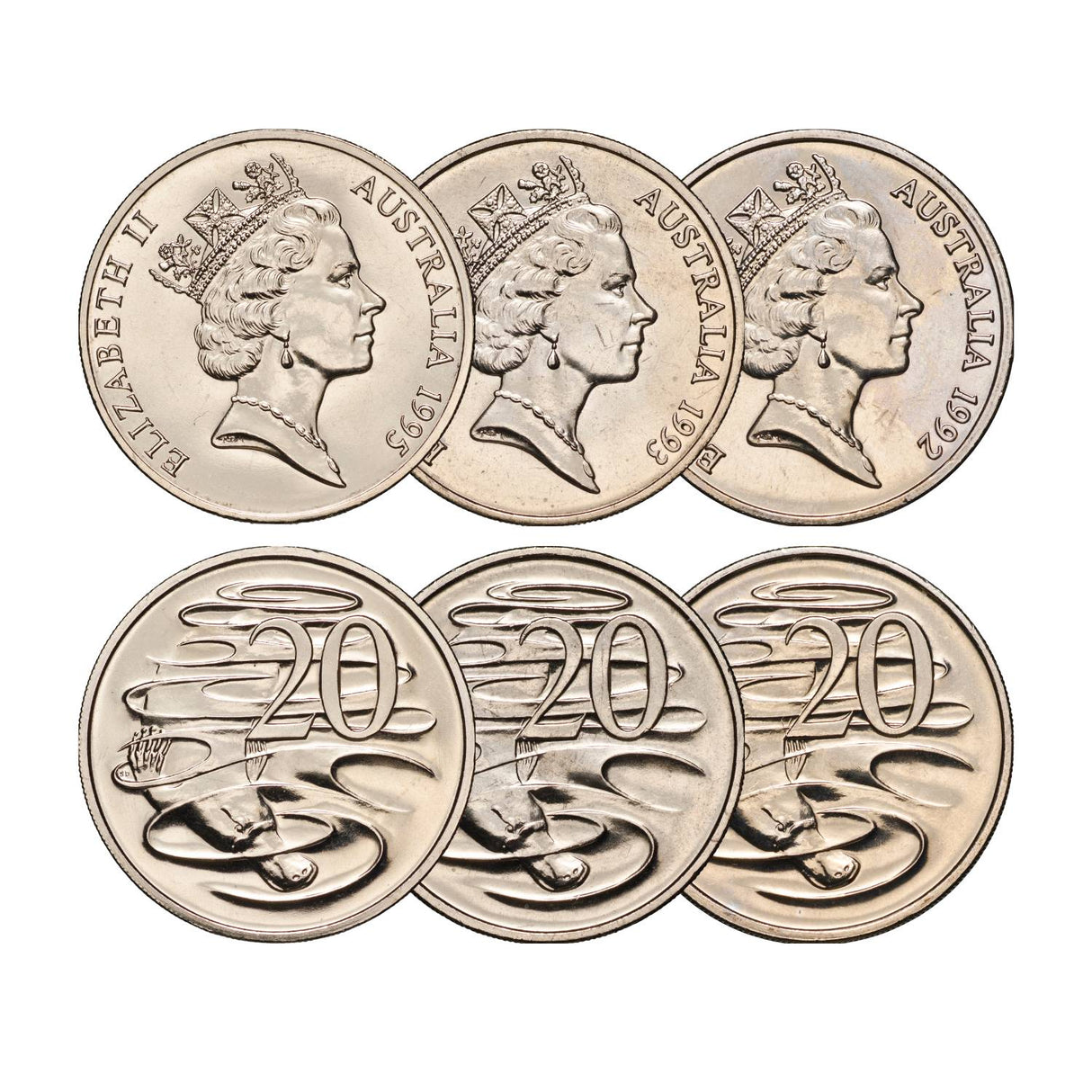 Australia 1992, 1993, & 1995 20c Brilliant Uncirculated 3-Coin Set