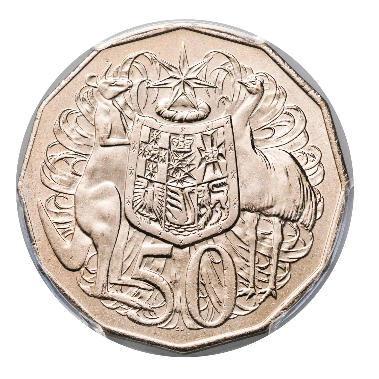1979 Double Bar 50 cent coin reverse showing the doubling effect on design elements