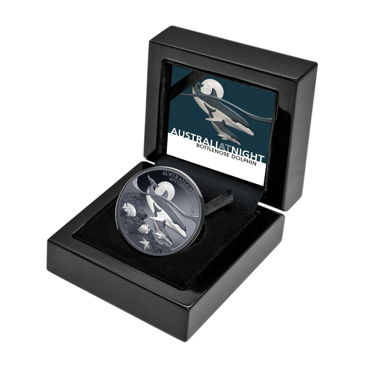 Australia at Night Bottlenose Dolphin 2025 $1 1oz Silver Black Proof Coin