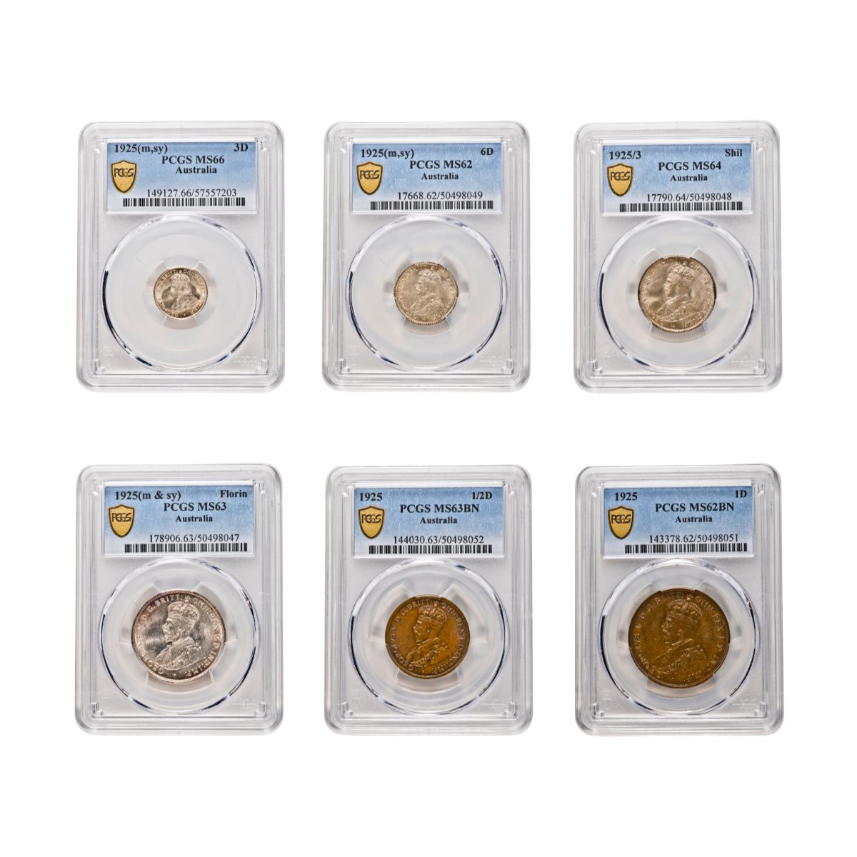 Australia George V 1925 6-Coin Set PCGS MS62-MS66 (Uncirculated-Gem Uncirculated)