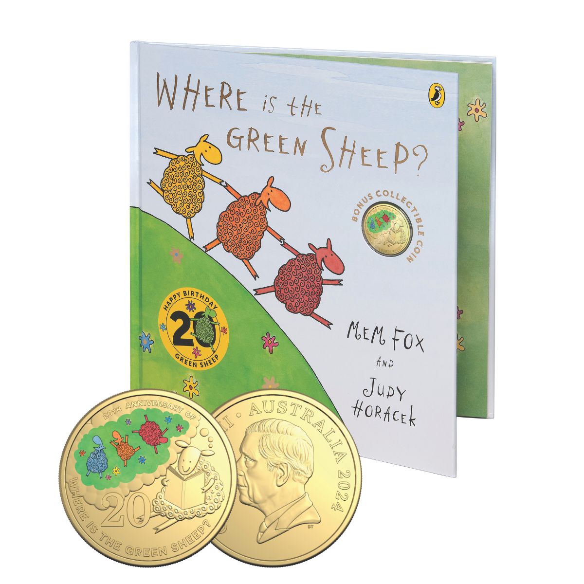 Australia Where is the Green Sheep 20th Anniversary 2024 20c Gold-plated Colour Cupro-Nickel Uncirculated Coin Deluxe Special Edition Book