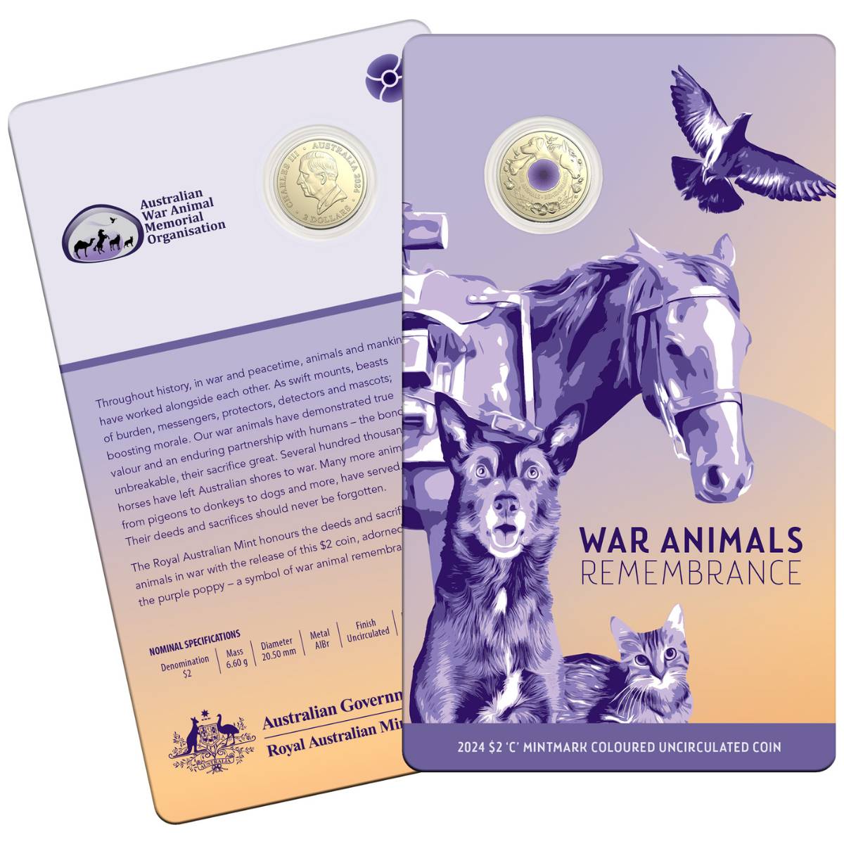 Australia War Animals Remembrance 2024 $2 C Mintmark Colour Aluminium-Bronze Uncirculated Coin