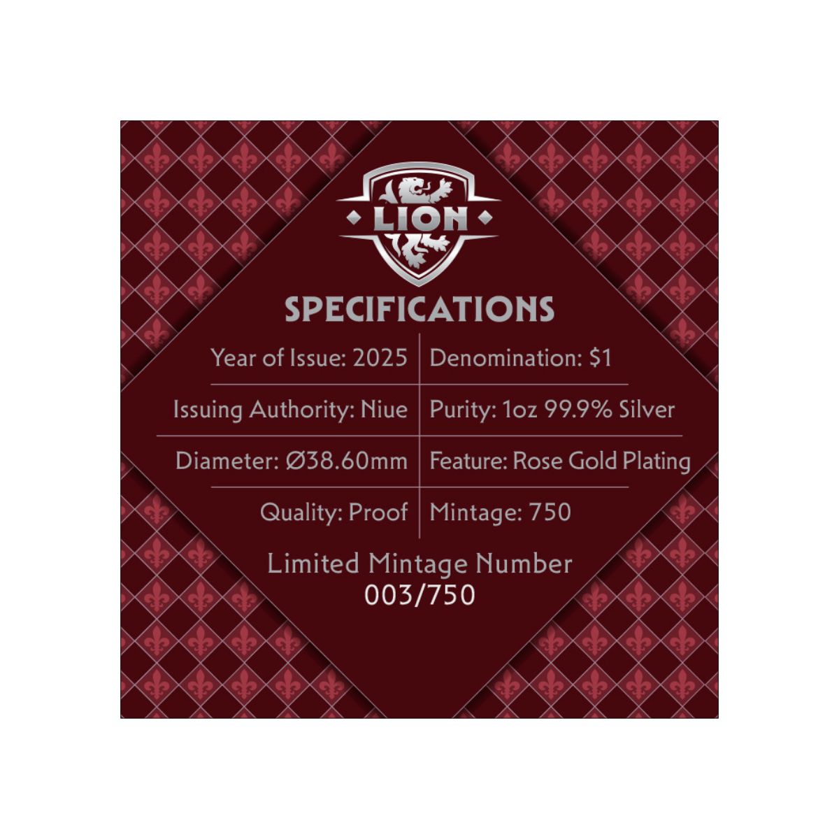 Heraldic Beasts 2025 $1 Lion 1oz Rose Gold Plated Silver Proof Coin