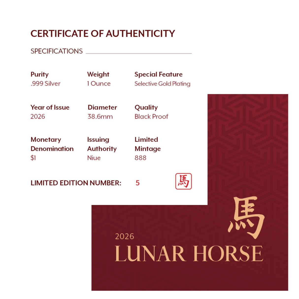 Lunar Year of the Horse 2026 $1 Gold-plated 1oz Silver Black Proof