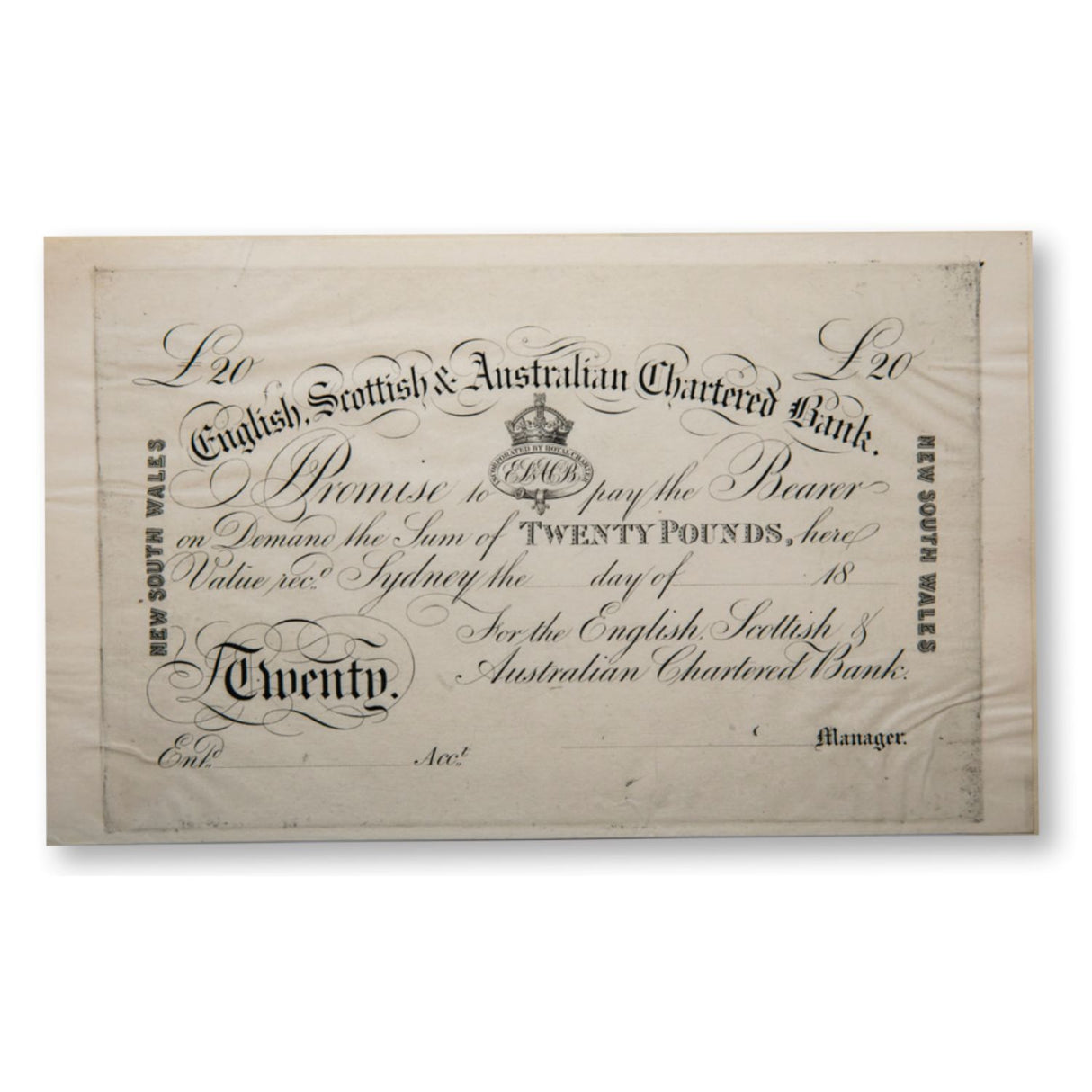 ES&A Chartered Bank 18__ Proof £20 Banknote Very Fine