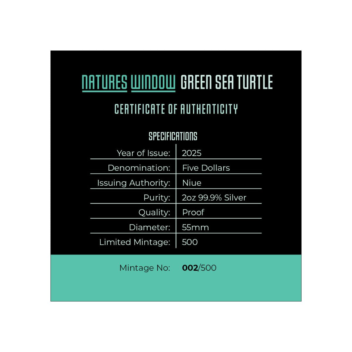 Nature’s Window Green Sea Turtle 2025 $5 Colour 2oz Silver Proof Coin