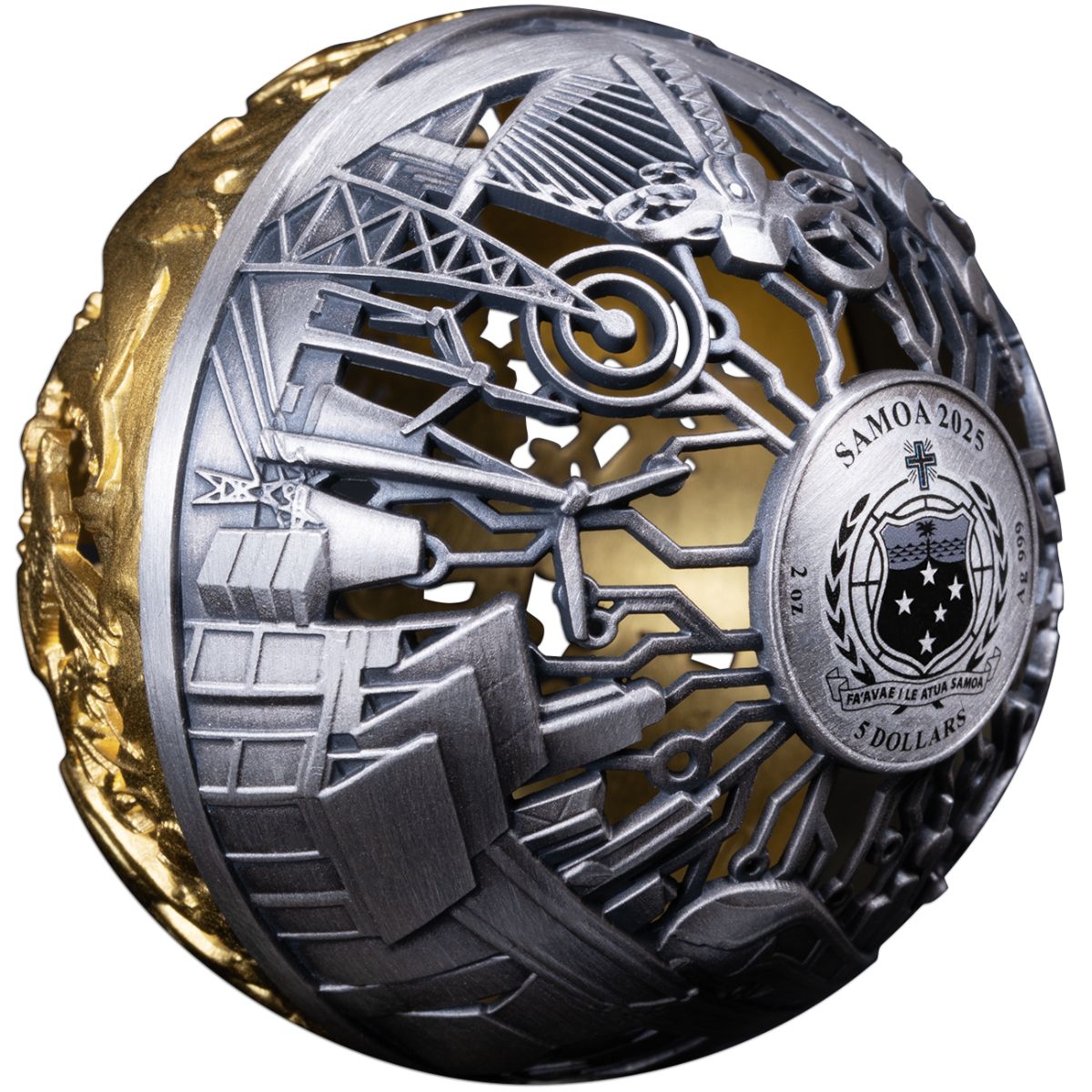 Nature & Technology 2025 $5 Filigree Gold-plated 2oz Silver Antique Spherical Coin