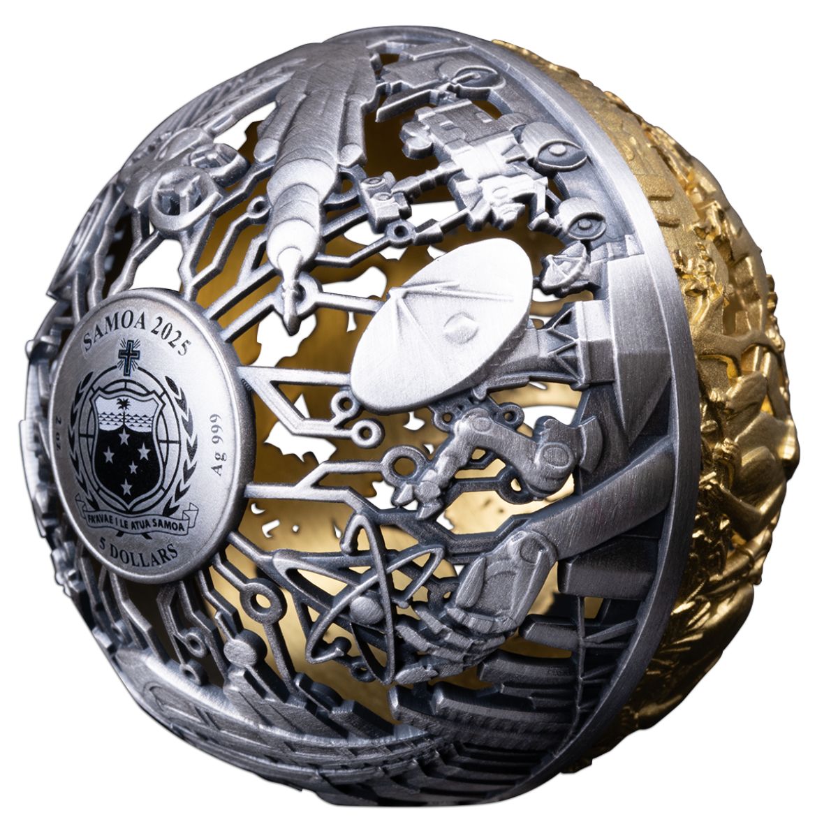 Nature & Technology 2025 $5 Filigree Gold-plated 2oz Silver Antique Spherical Coin