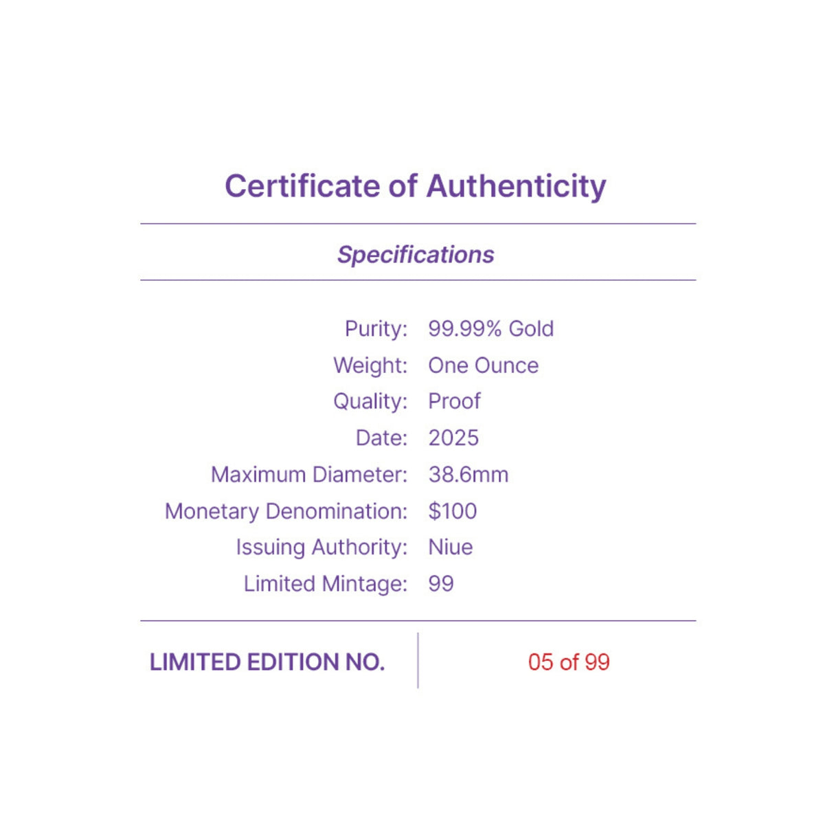 Seasons 2025 Winter $100 1oz Gold Proof Coin