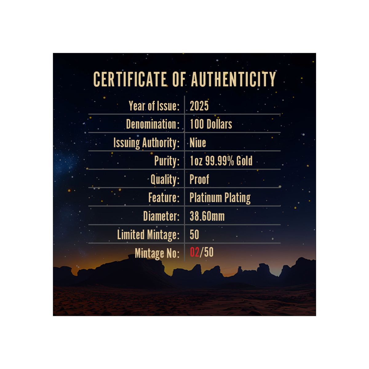 Alien Abduction 2025 $100 Platinum-plated 1oz Gold Proof Coin