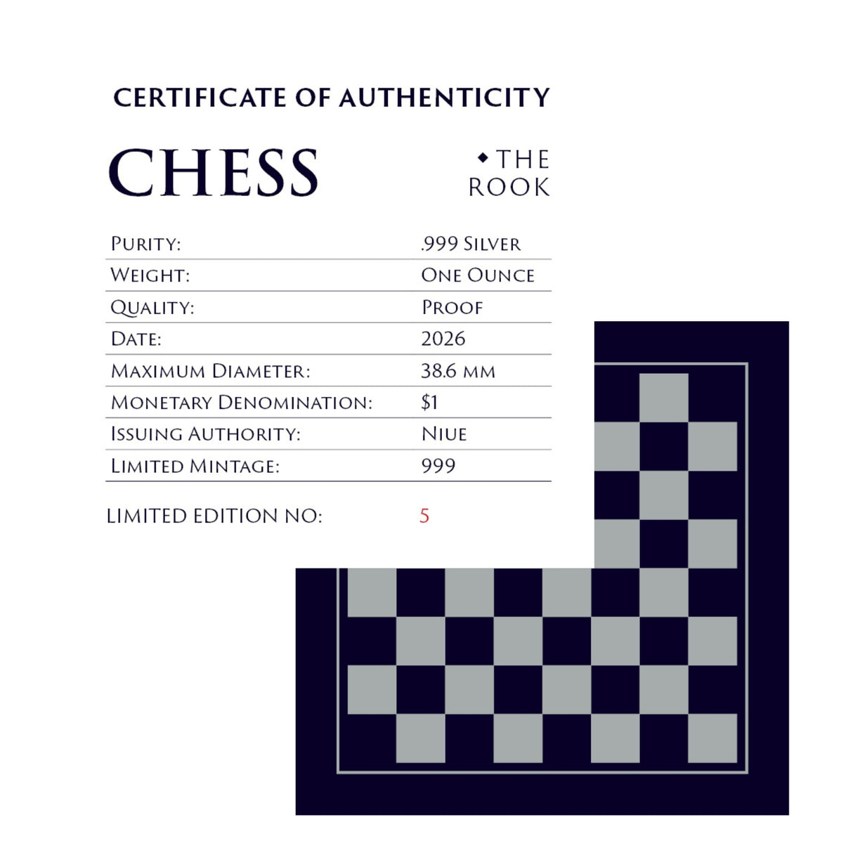 Chess Rook 2026 $1 1oz Silver Black Proof Coin