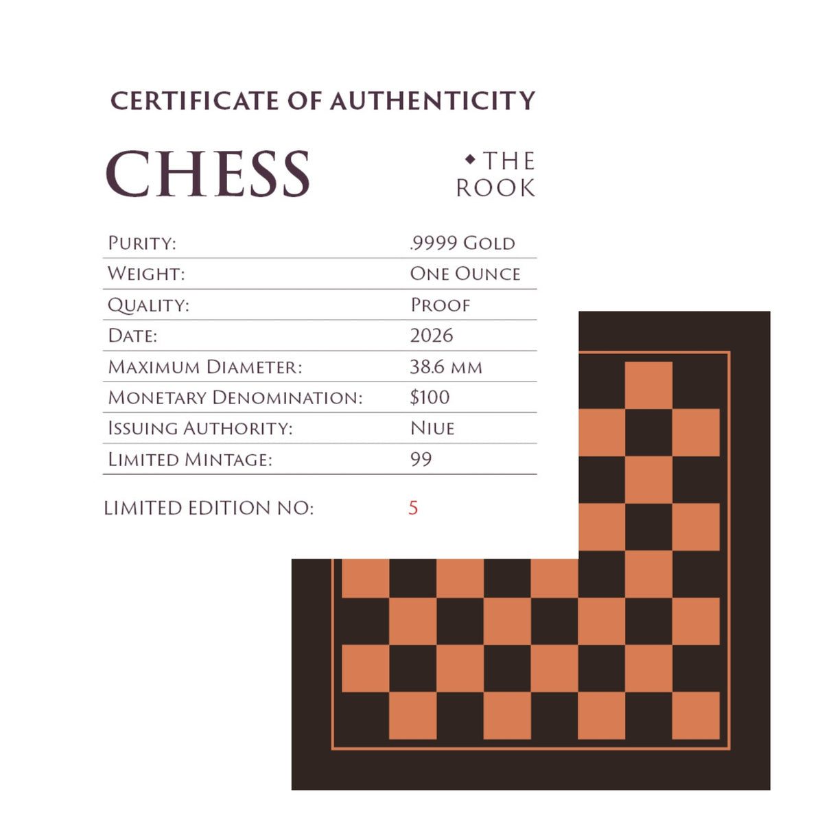 Chess Rook 2026 $100 Platinum-plated 1oz Gold Proof Coin