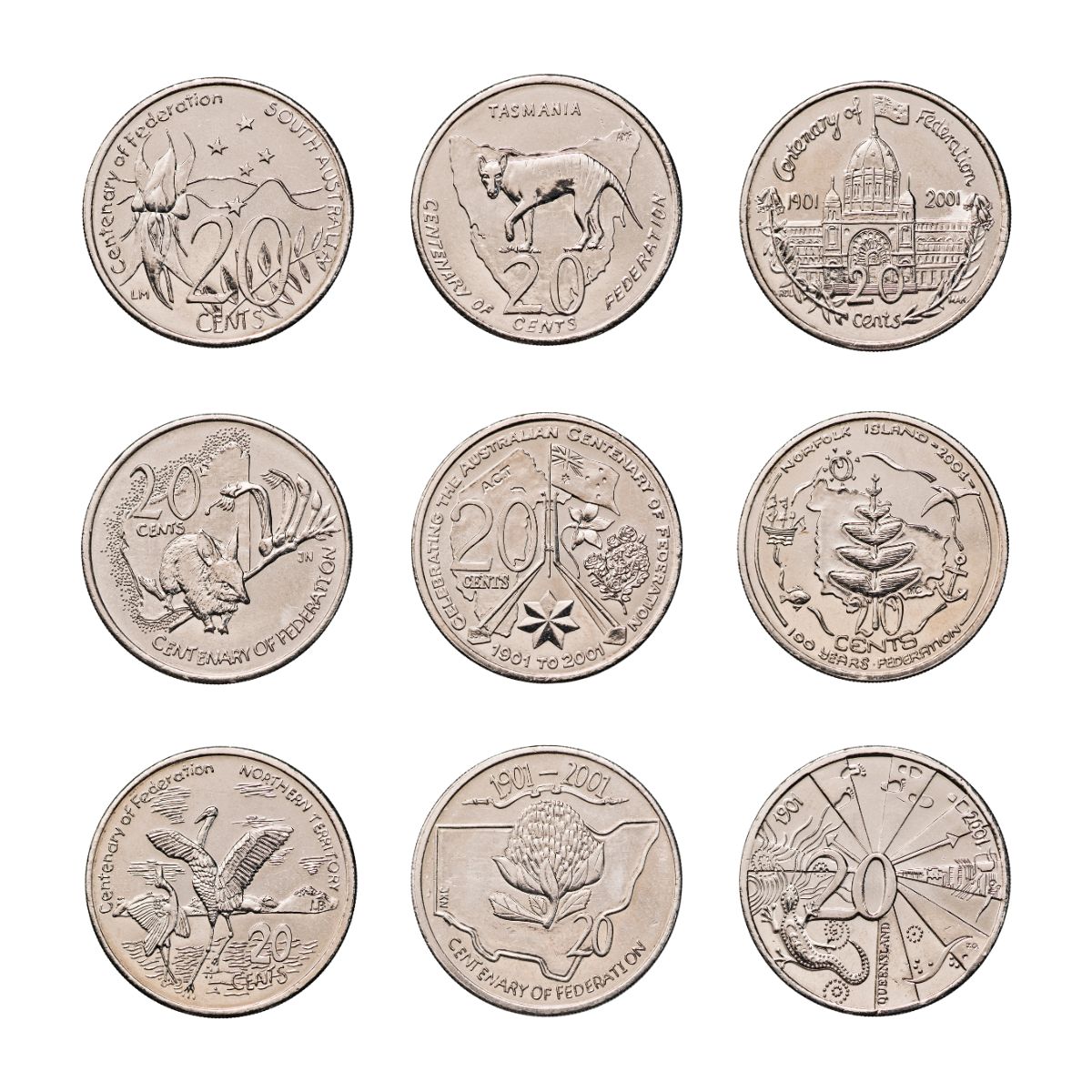 Australia Federation 2001 20c States & Territories Complete Set of Nine Uncirculated 20-Coin Private Rolls (ex RAM bags)