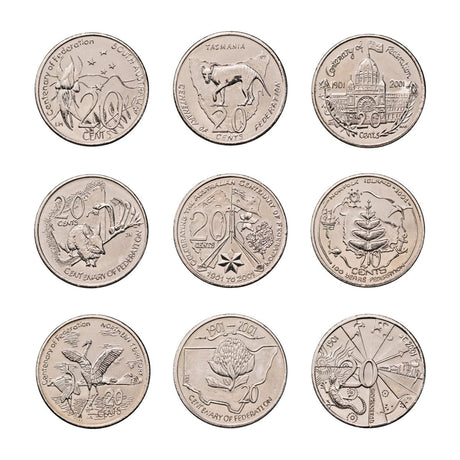 Australia Federation 2001 20c States & Territories Complete Set of Nine Uncirculated 20-Coin Private Rolls (ex RAM bags)