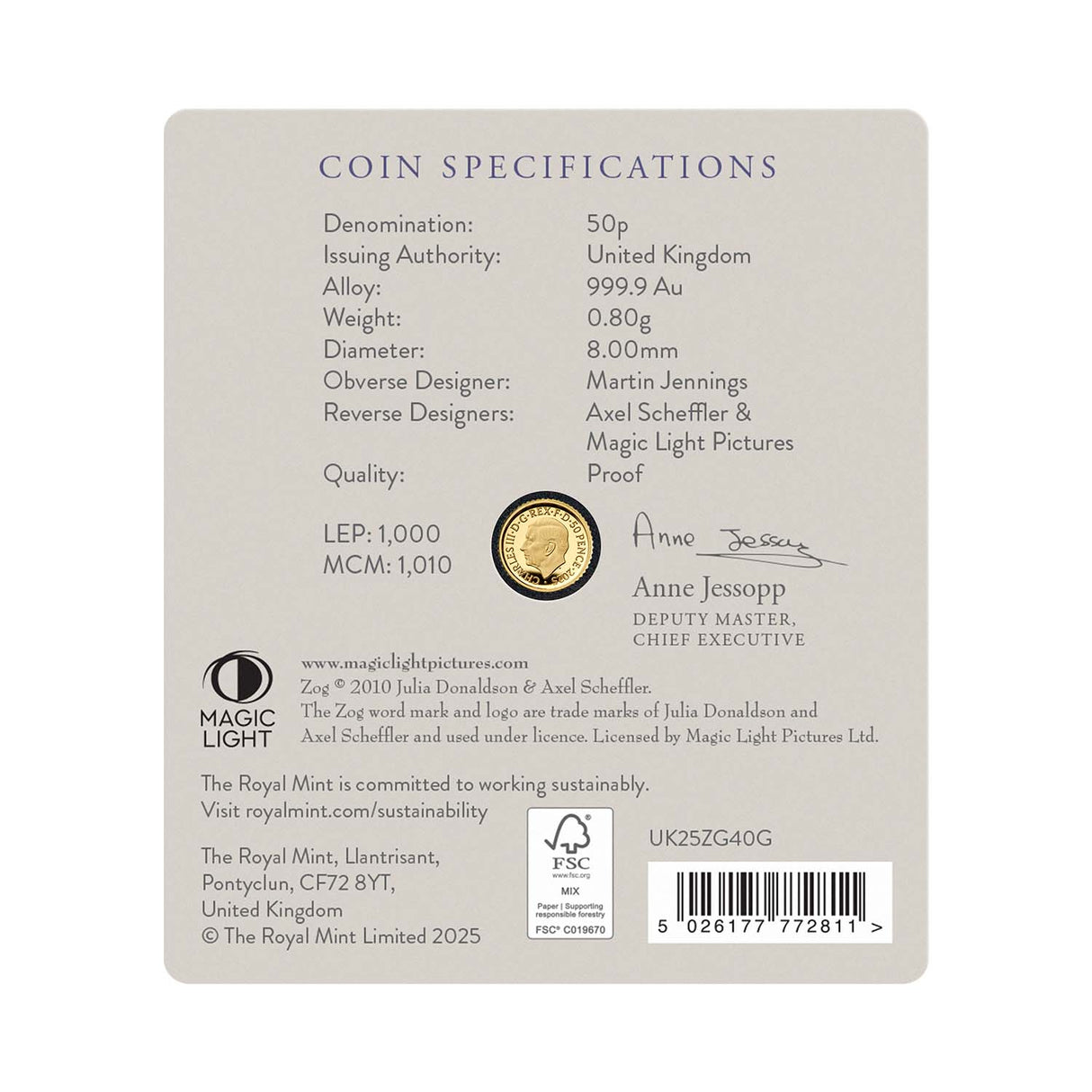 Great Britain Zog 2025 50p 1/40oz Gold Proof Coin