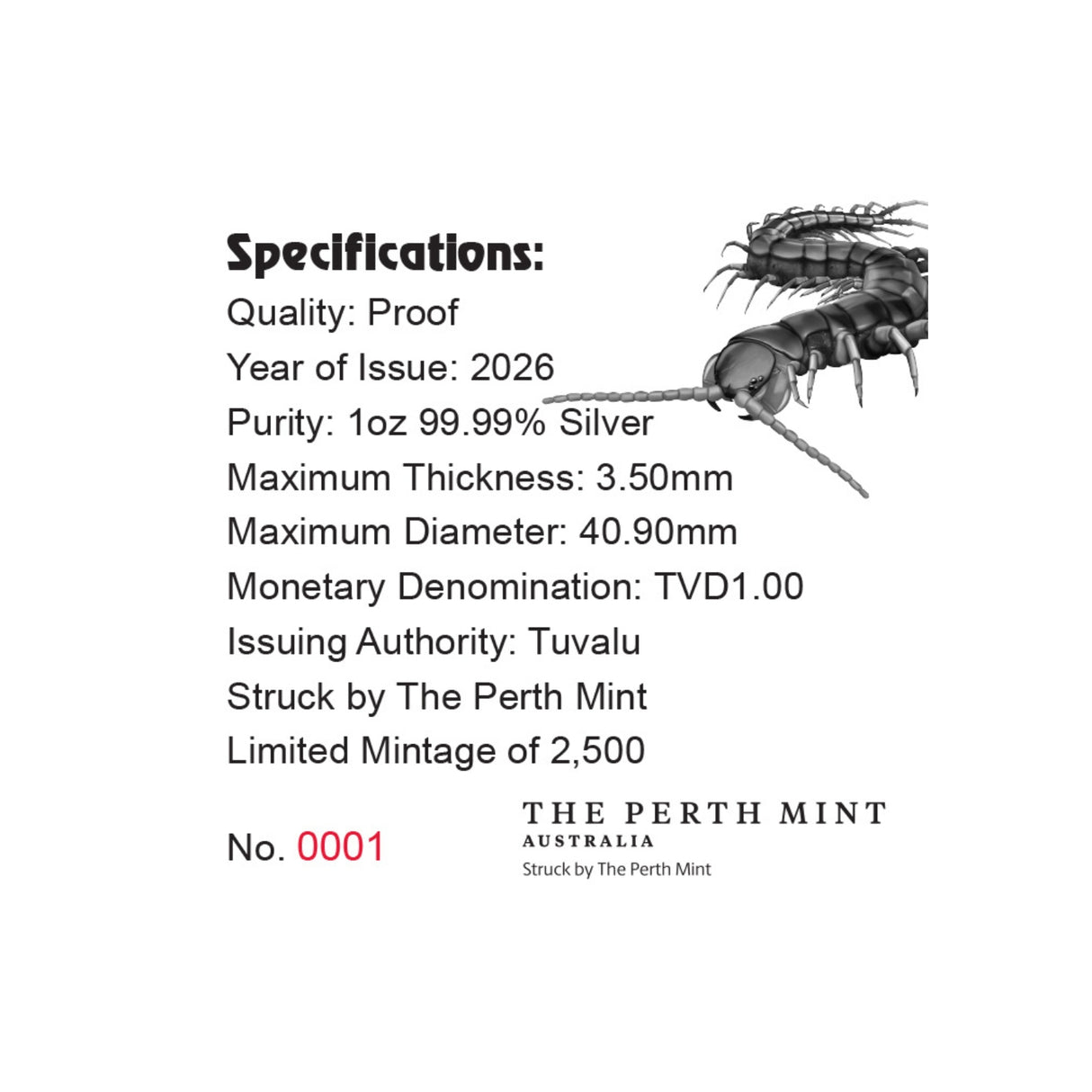 Deadly & Dangerous 2026 $1 Giant Centipede 1oz Silver Proof Coin