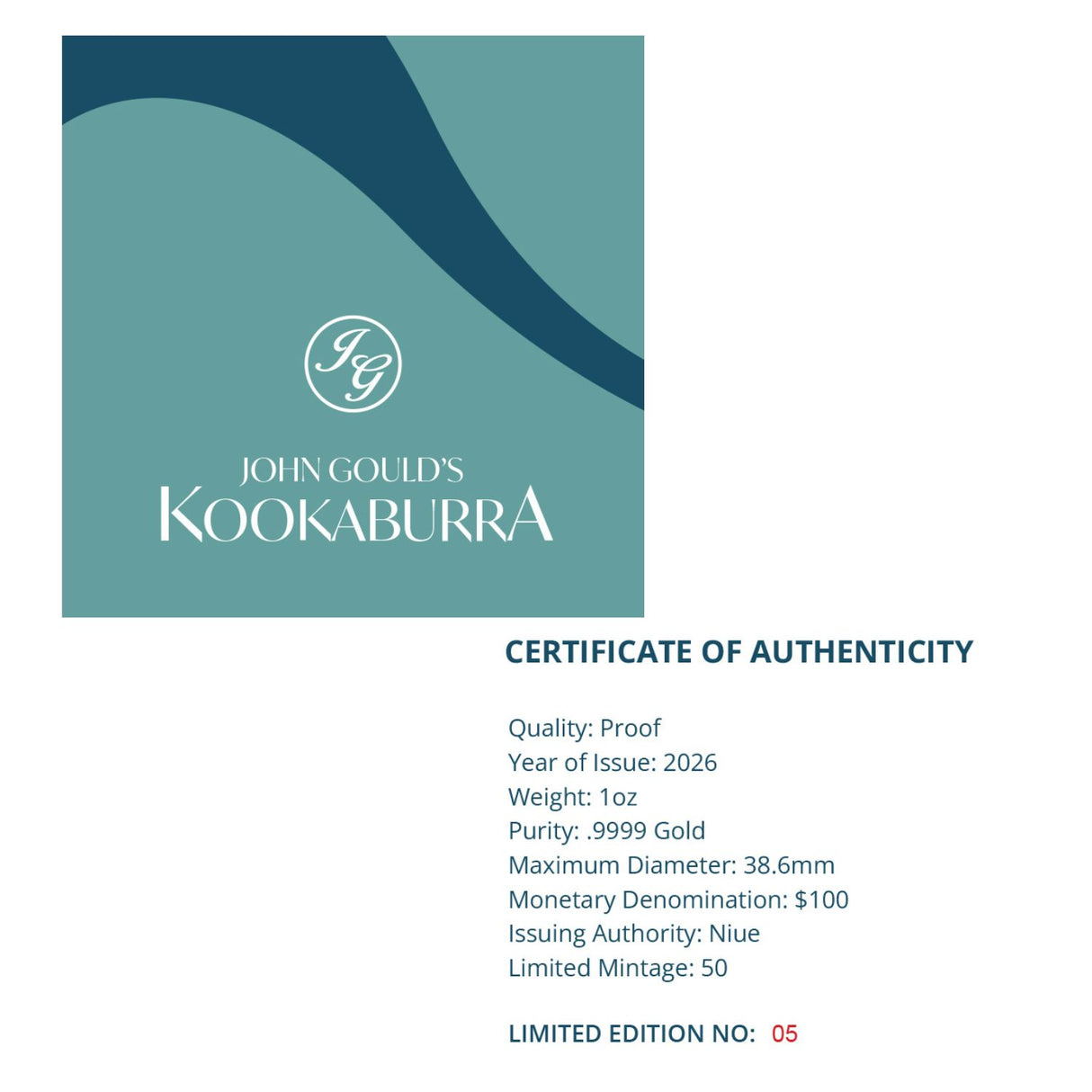 Birds of Australia 2026 $100 Kookaburra 1oz Gold Proof Coin