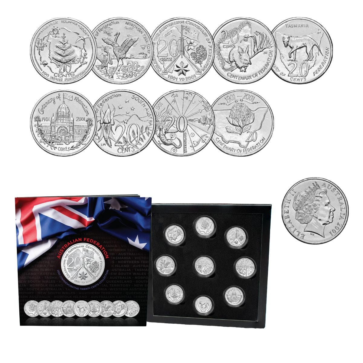 Australia Federation Centenary 2001 20c & 50c States & Territories Uncirculated 19-Coin Portfolio