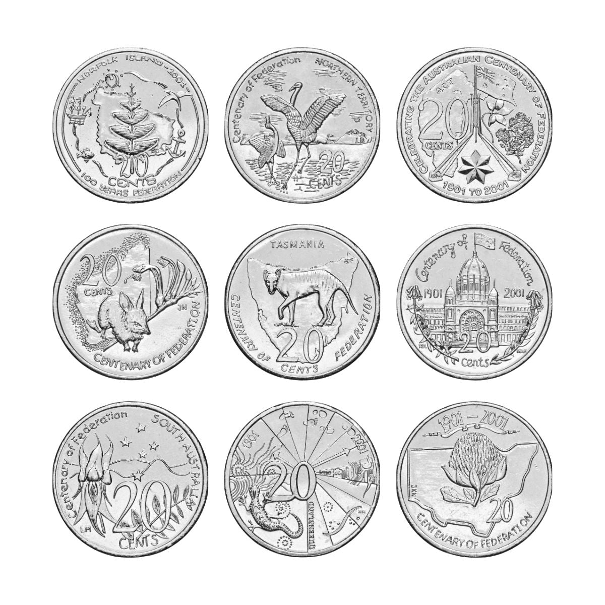 Australia Federation Centenary 2001 20c & 50c States & Territories Uncirculated 19-Coin Portfolio