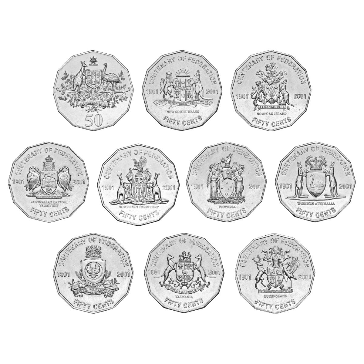 Australia Federation Centenary 2001 50c States & Territories Uncirculated 10-Coin Portfolio